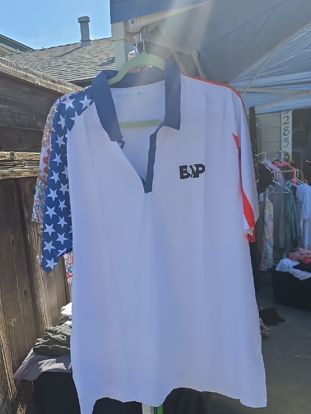 Men's Golf White Red Shirt with Blue Stars and Red Accent